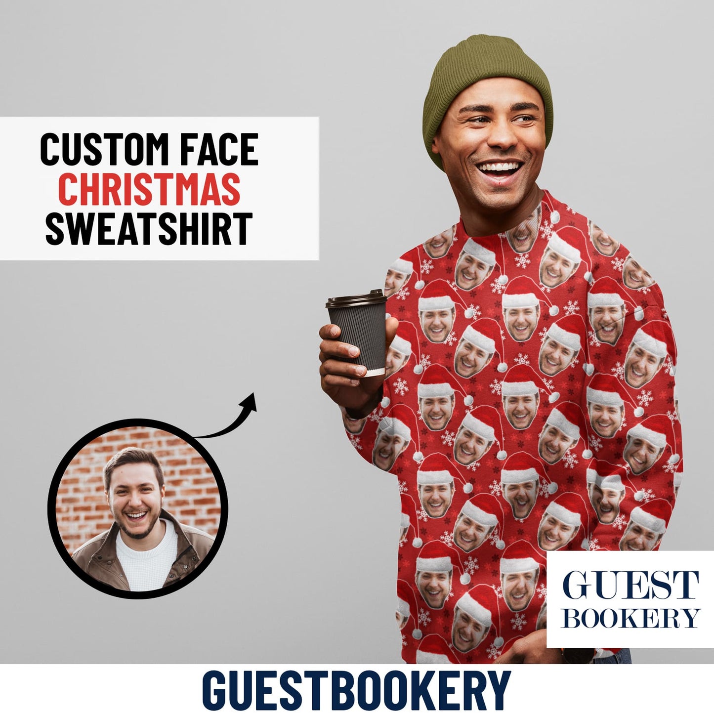 Custom Faces Ugly Christmas Sweatshirt - Red Snowflakes Pattern