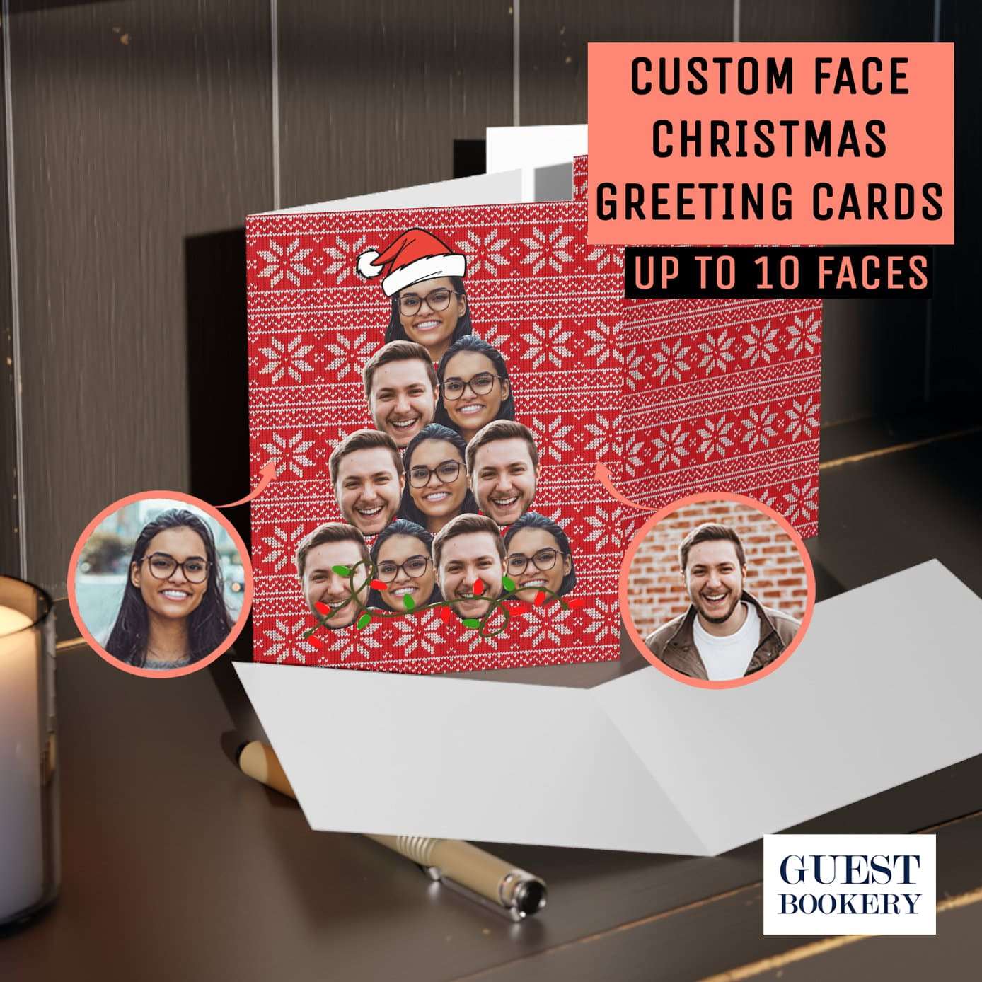 Custom Face Christmas Greeting Cards - Set of 24 - Red Pattern