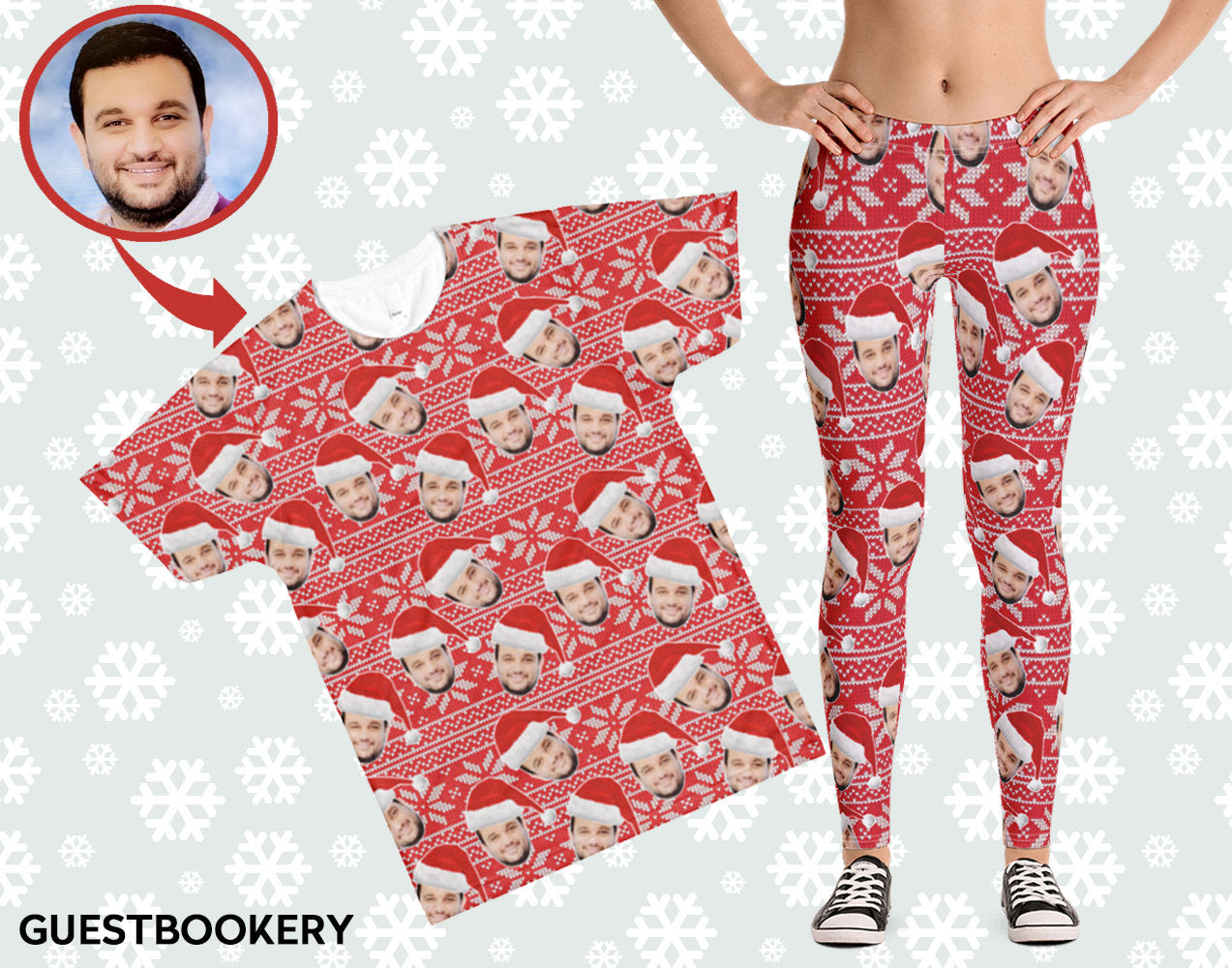 Custom Faces Leggings and Shirt CHRISTMAS SET - FEMALE - Red Pattern