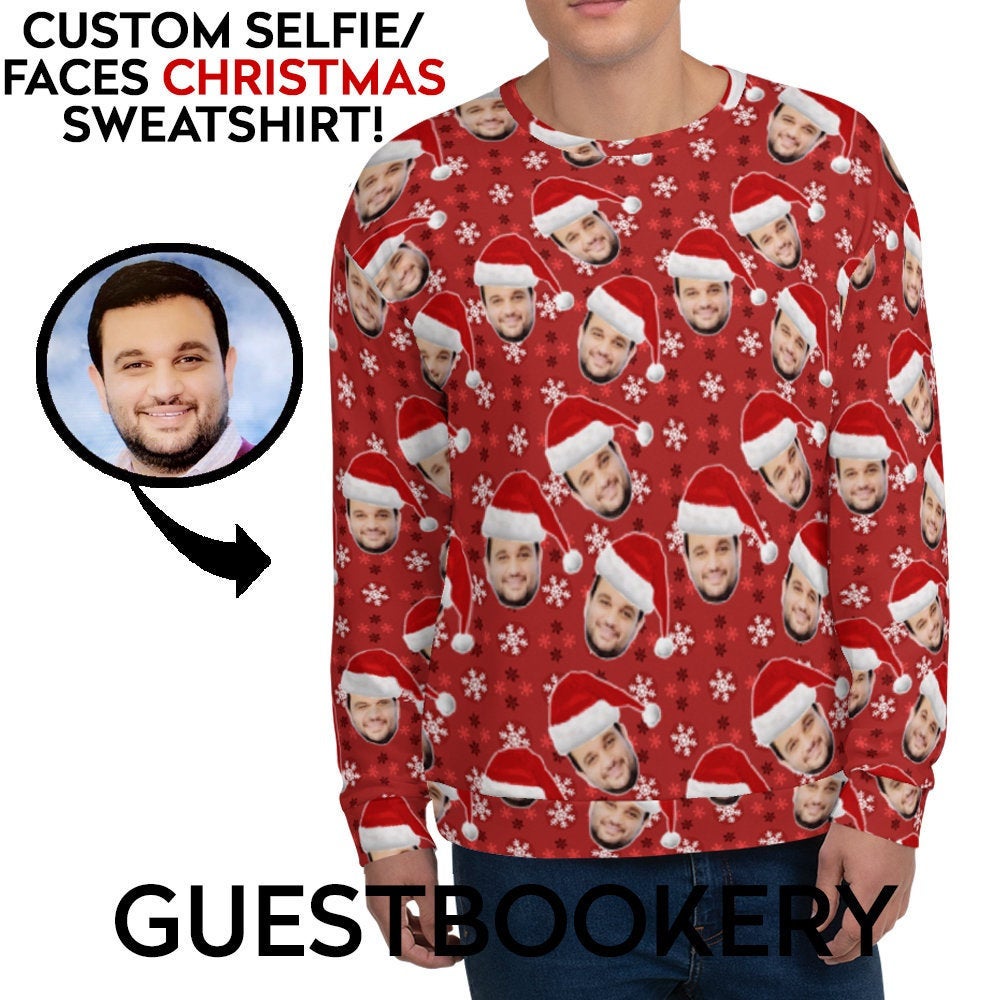 Custom Faces Ugly Christmas Sweatshirt - Red Snowflakes Pattern