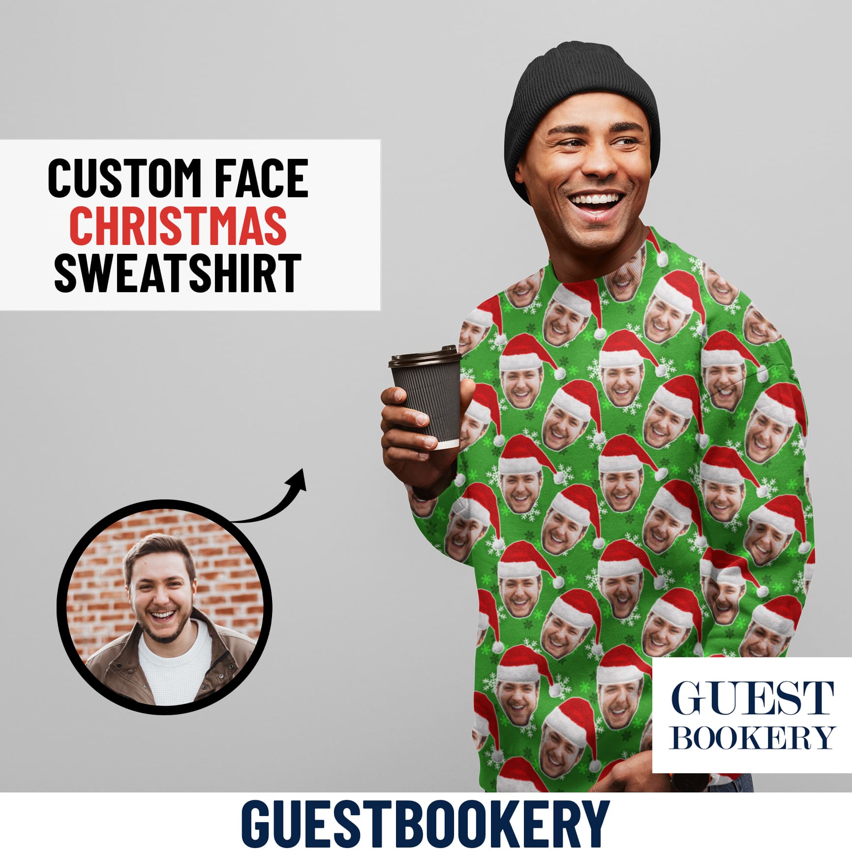 Custom Faces Ugly Christmas Sweatshirt - Green Snowflakes Pattern