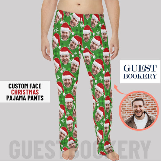 Custom Faces Christmas Pajama Pants - Green Snowflakes Pattern