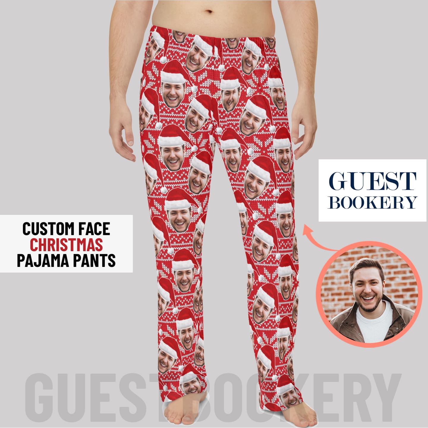 Custom Faces Christmas Pajama Pants - Red Pattern