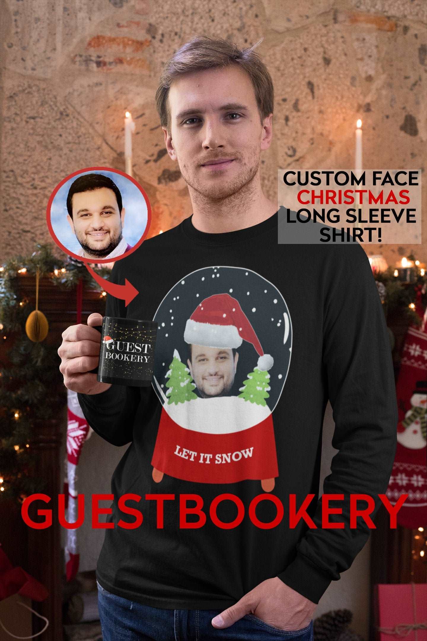 Custom Face Globe Ugly Christmas Long Sleeve Shirt
