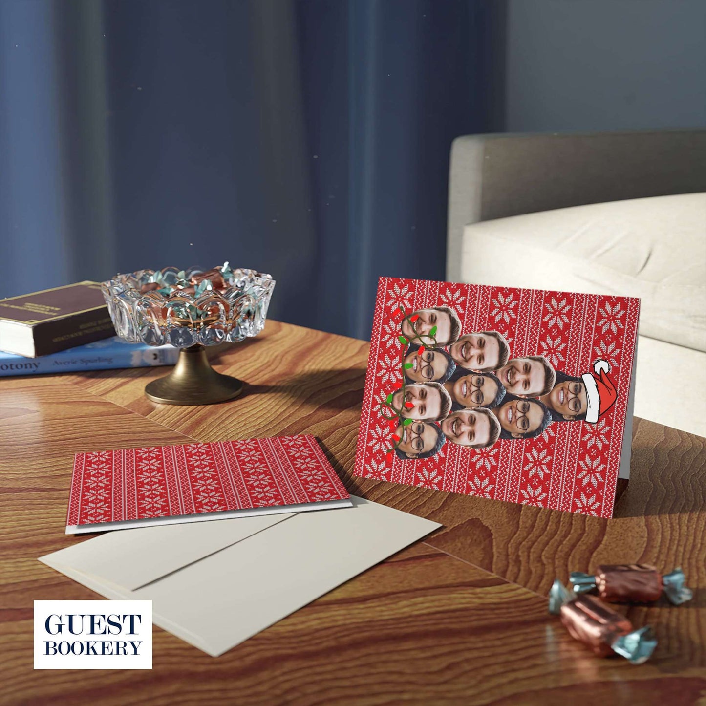 Custom Face Christmas Greeting Cards -  Set of 24 - Red Pattern