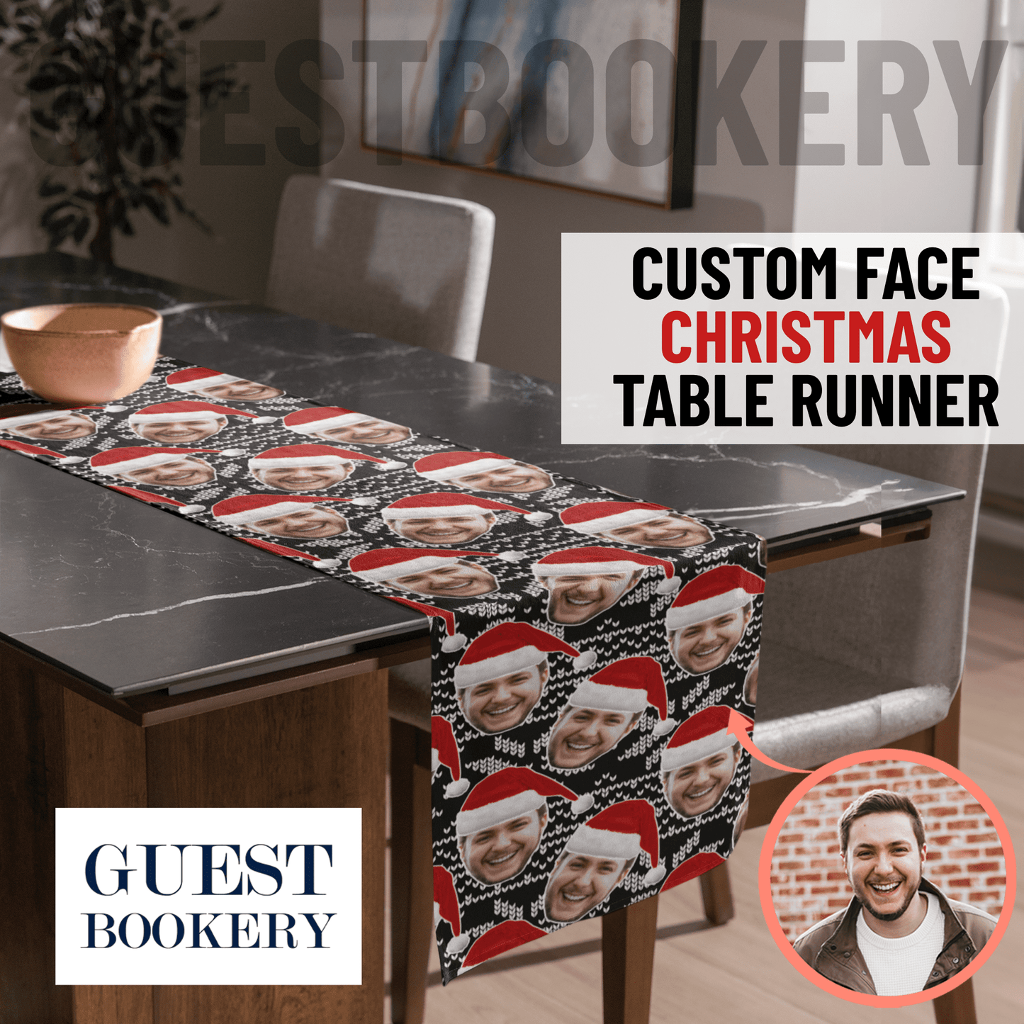 Custom Face Christmas Table Runner - Black Pattern