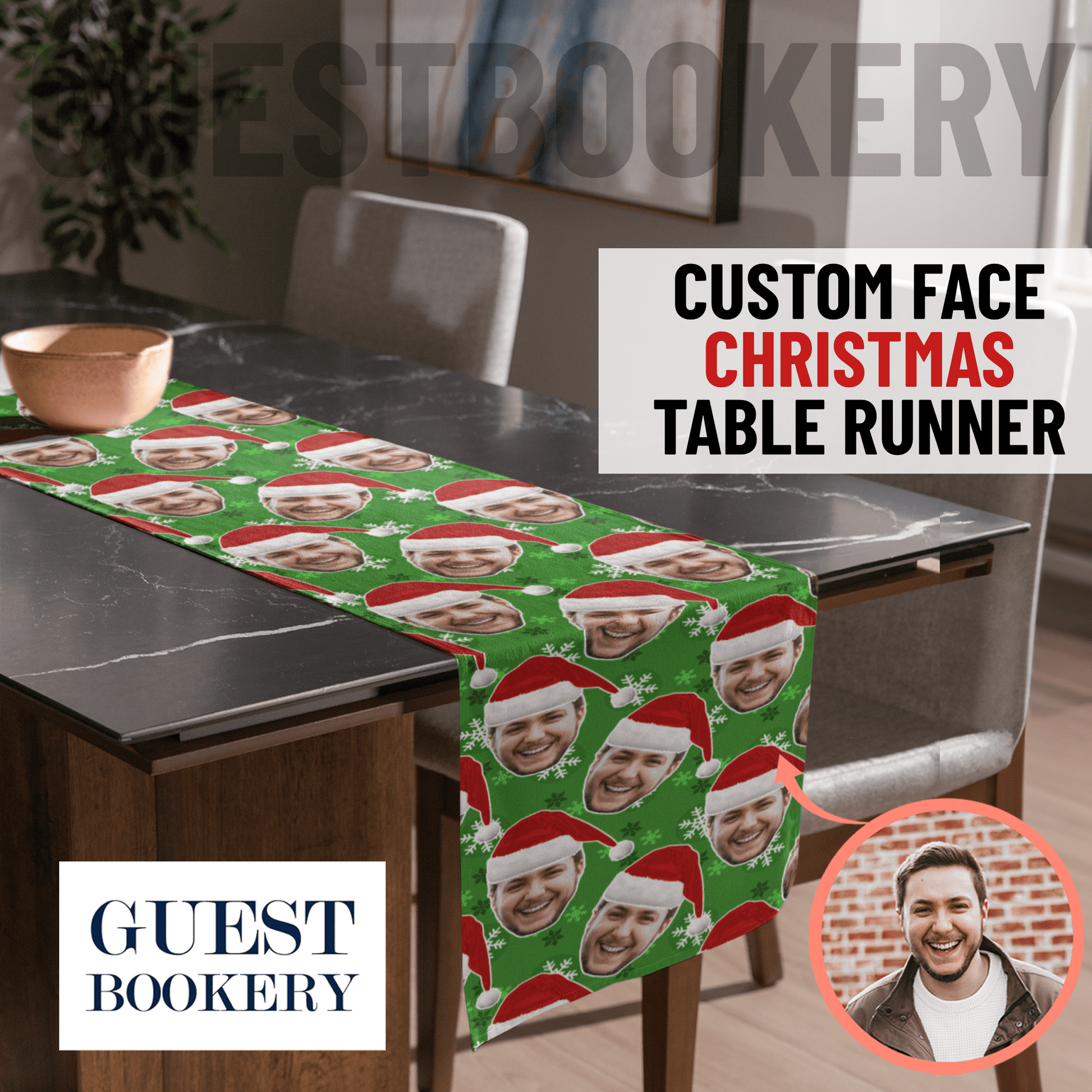 Custom Face Christmas Table Runner - Green Snowflake Pattern