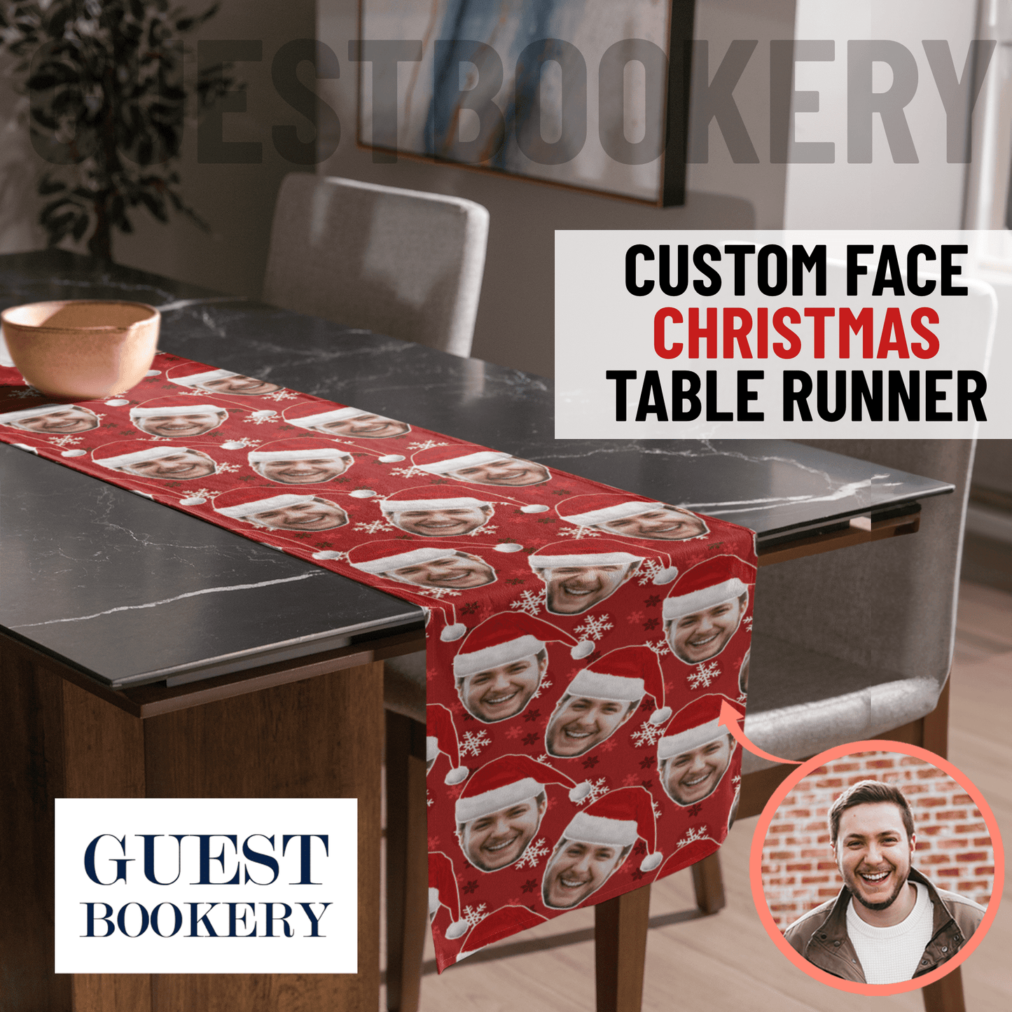 Custom Face Christmas Table Runner - Red Snowflakes Pattern