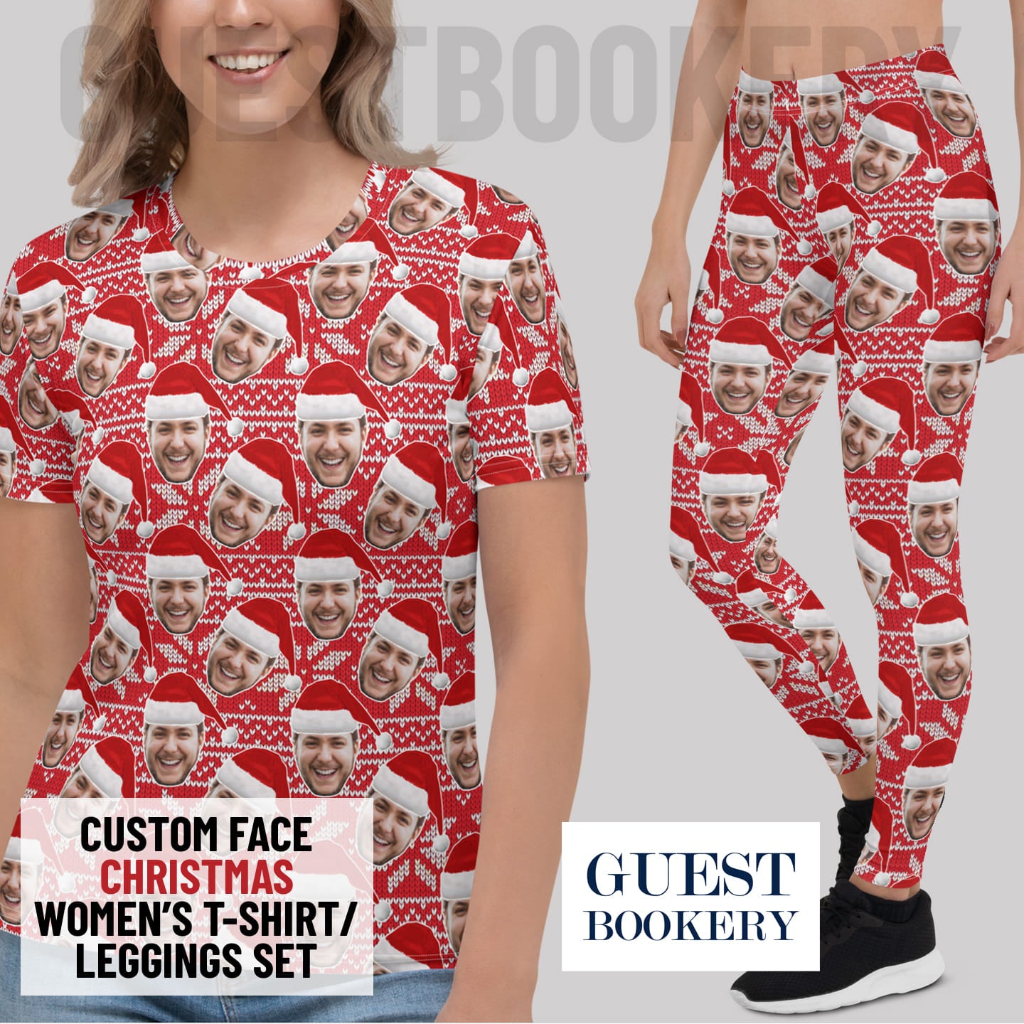Custom Faces Leggings and Shirt CHRISTMAS SET - FEMALE - Red Pattern