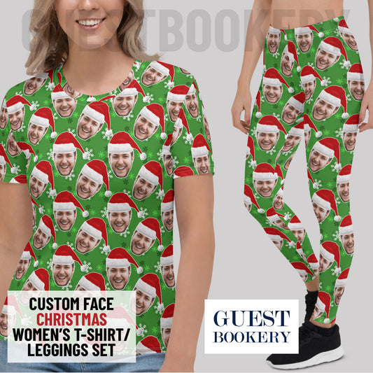 Custom Faces Leggings and Shirt CHRISTMAS SET - FEMALE - Green Snowflakes Pattern