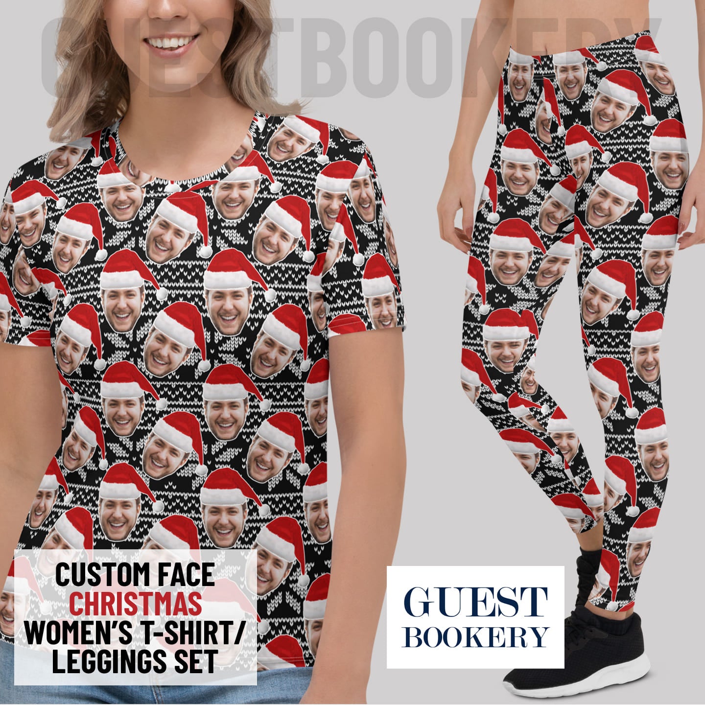 Custom Faces Leggings and Shirt CHRISTMAS SET - FEMALE - Black Pattern