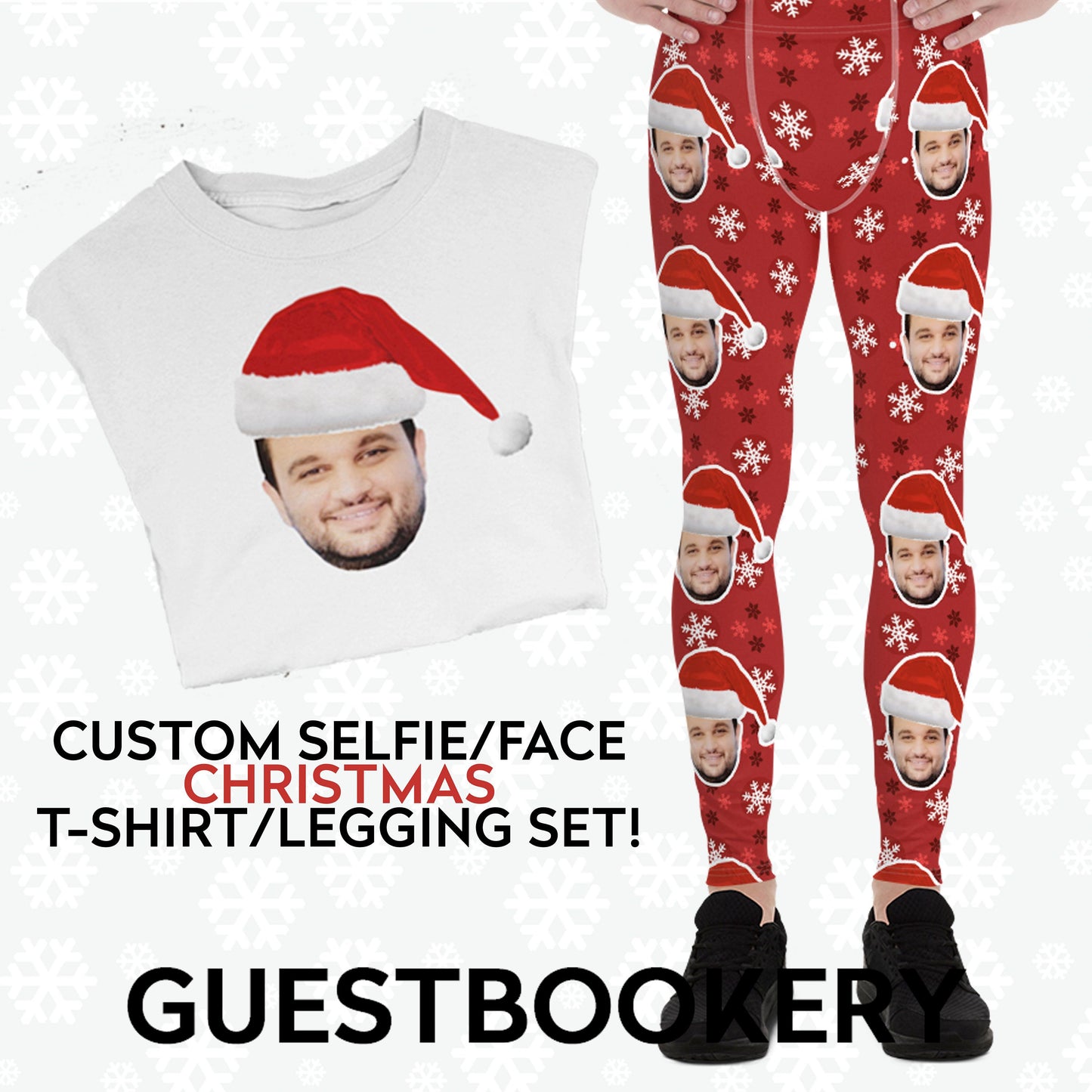 Custom Faces Leggings and Shirt CHRISTMAS SET - MALE - Red Snowflakes Pattern
