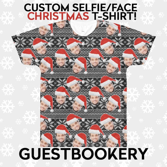Custom Faces Christmas T-shirt - Santa Hat - Black Pattern