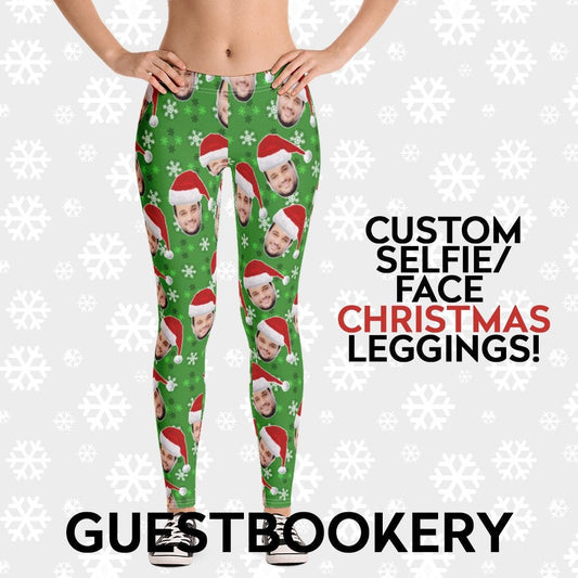 Custom Faces Christmas Leggings - Santa Hat - Green Snowflakes Pattern
