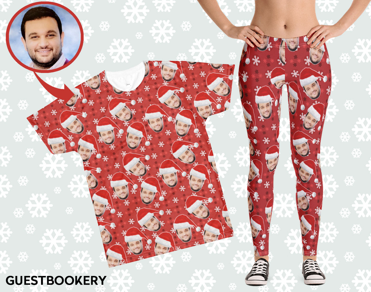 Custom Faces Leggings and Shirt CHRISTMAS SET - FEMALE - Red Snowflakes Pattern