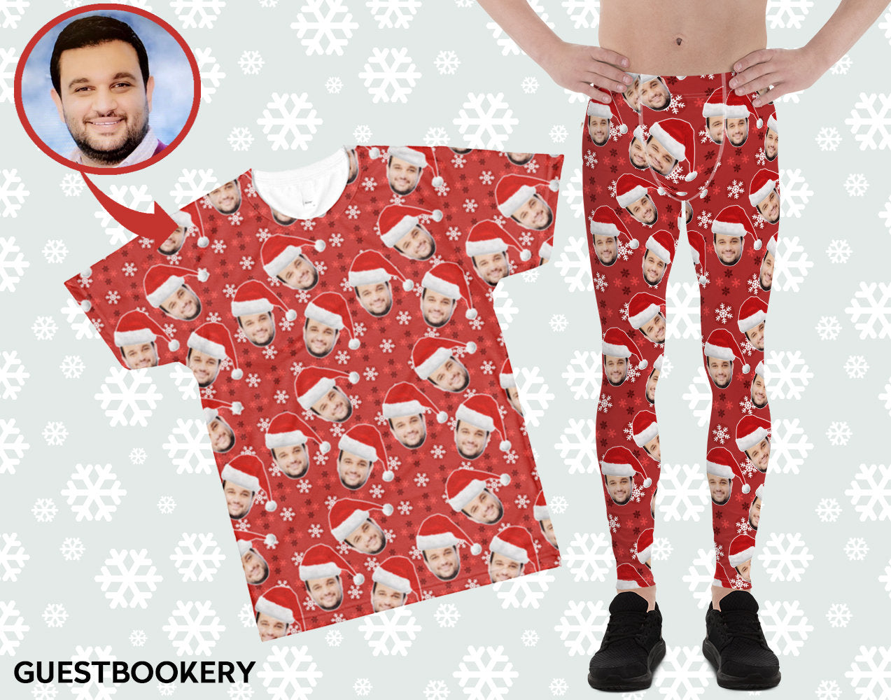 Custom Faces Leggings and Shirt CHRISTMAS SET - MALE - Red Snowflakes Pattern
