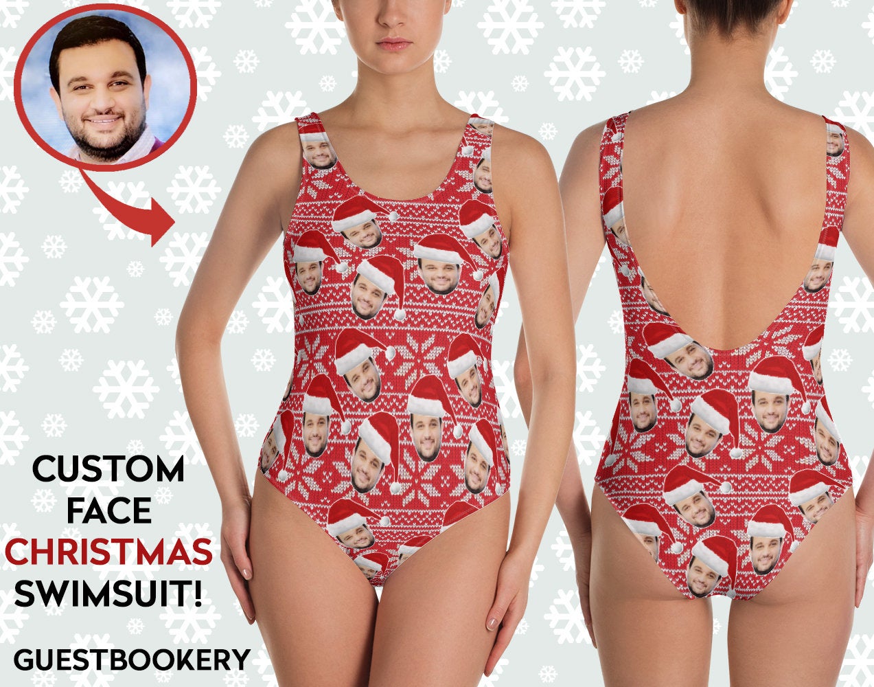 Custom Faces Christmas Red Swimsuit - Ugly Christmas