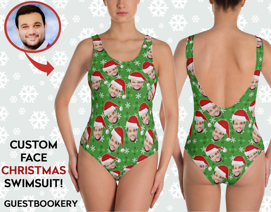 Custom Faces Christmas Green Swimsuit - Ugly Christmas Swimsuit - Guestbookery