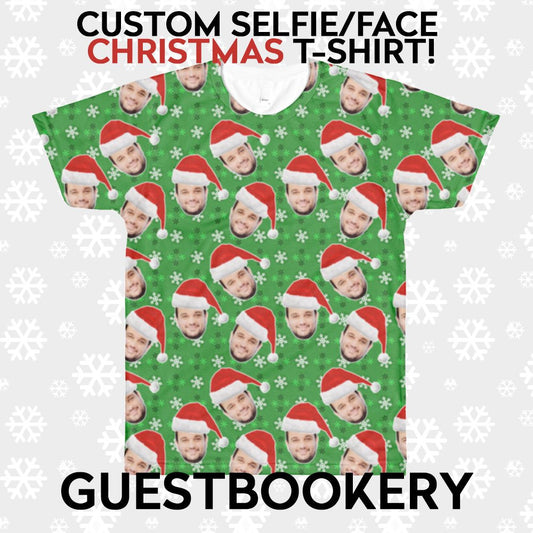 Custom Faces Christmas T-shirt - Santa Hat - Green Snowflakes Pattern