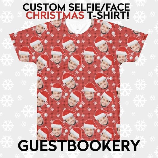 Custom Faces Christmas T-shirt - Santa Hat - Red Snowflakes Pattern