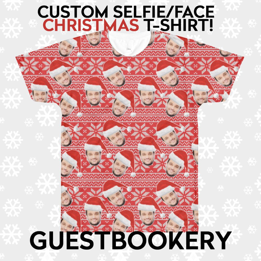 Custom Faces Christmas T-shirt - Santa Hat - Red Pattern
