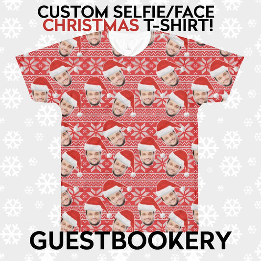 Custom Faces Christmas T-shirt - Santa Hat - Red Pattern