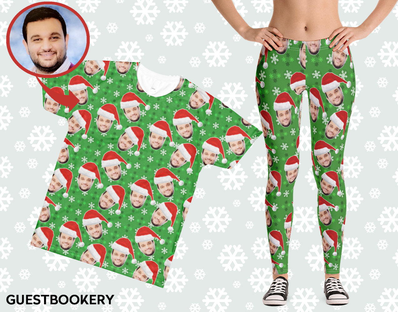 Custom Faces Leggings and Shirt CHRISTMAS SET - FEMALE - Green Snowflakes Pattern