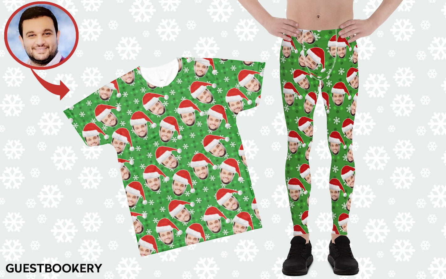 Custom Faces Leggings and Shirt CHRISTMAS SET - MALE - Green Snowflakes Pattern