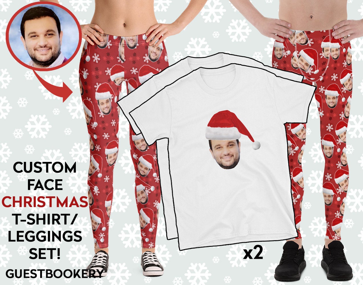 Custom Faces Leggings and Shirt CHRISTMAS SET - FEMALE - Red Snowflakes Pattern