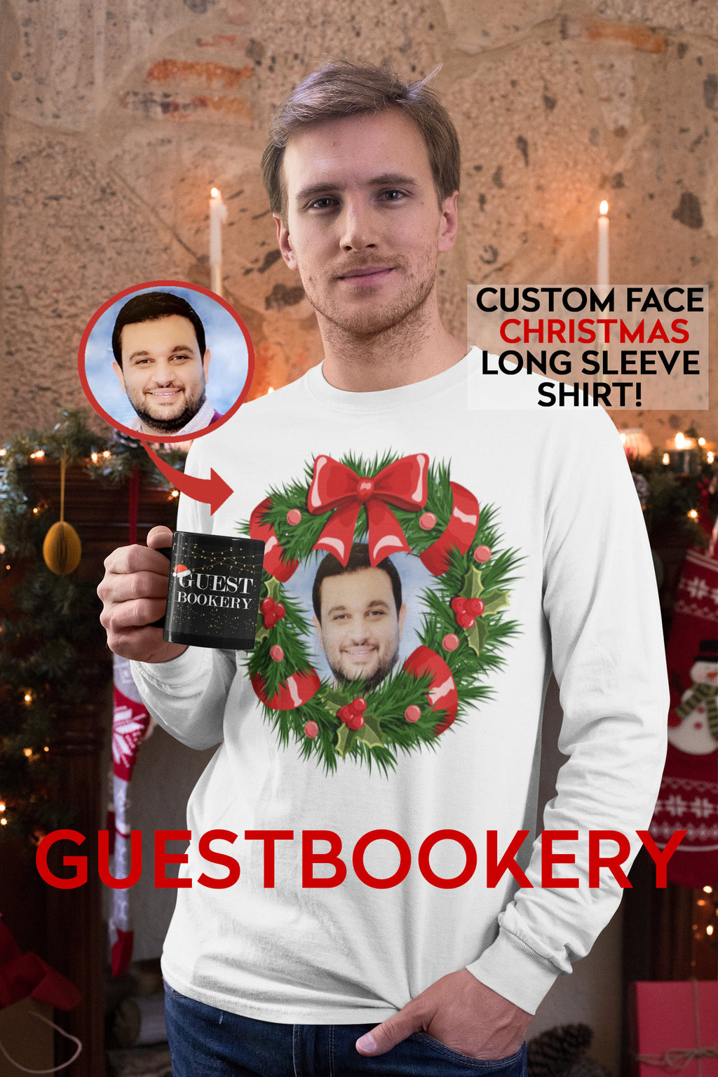 Custom Face Ugly Christmas Long Sleeve Shirt - Wreath - Guestbookery