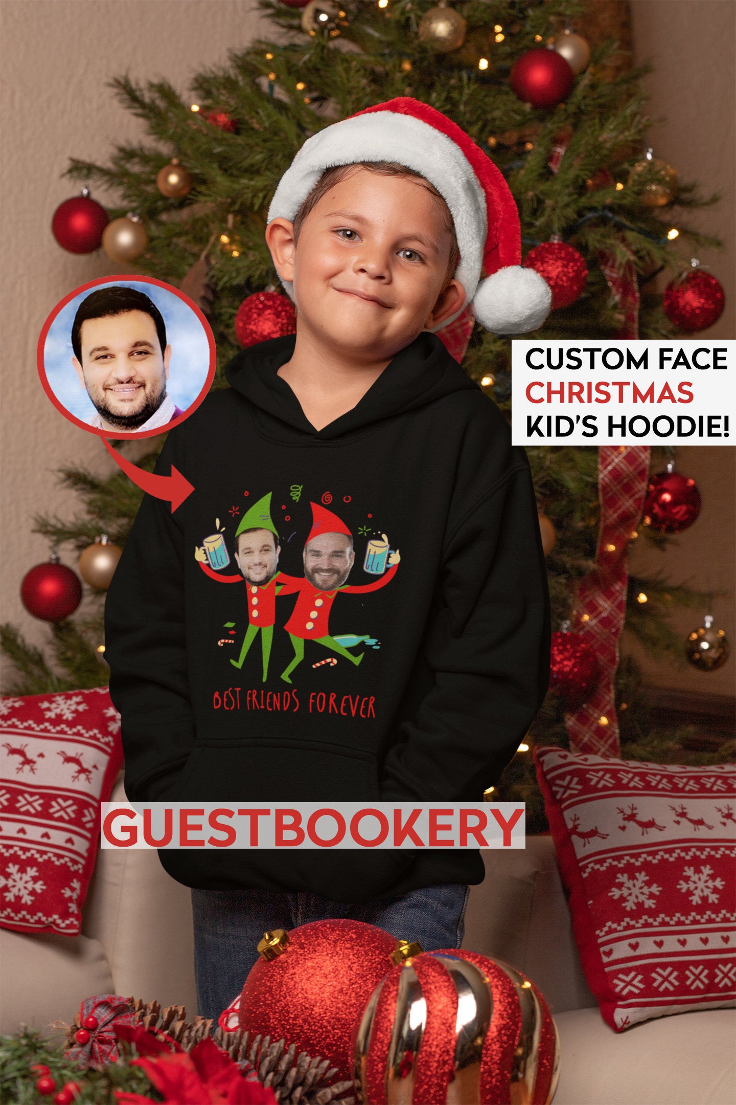 Custom Face Ugly Christmas Kid's Hoodie - Best Friend Elves