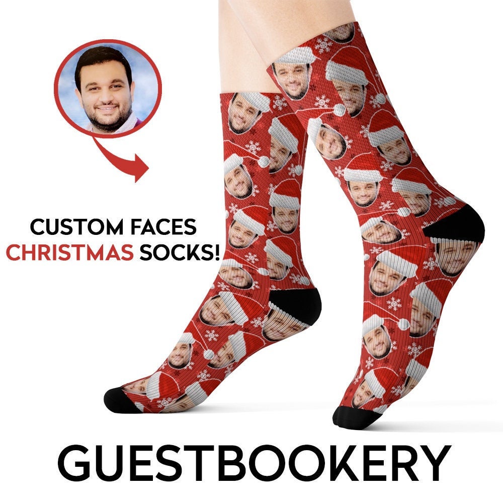 Custom Face Christmas Socks - Red Snowflakes Pattern