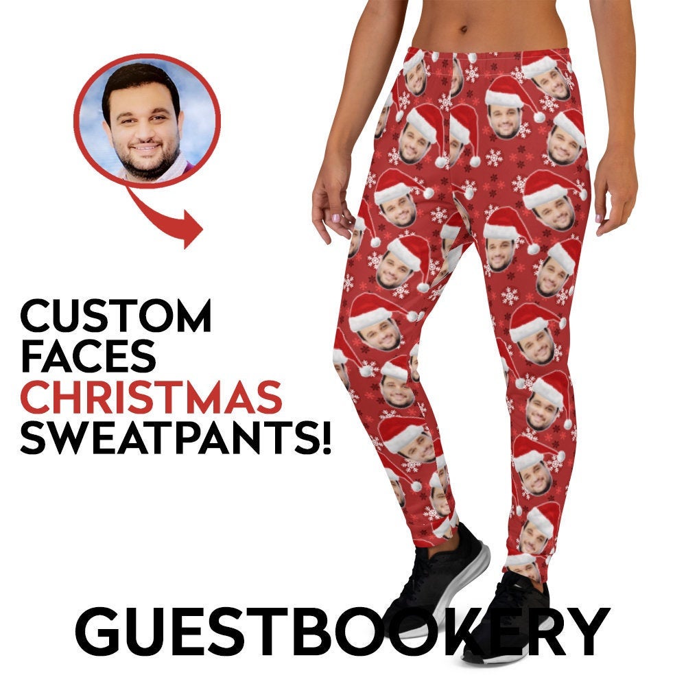 Custom Face Christmas Sweatpants - Red Snowflakes Pattern