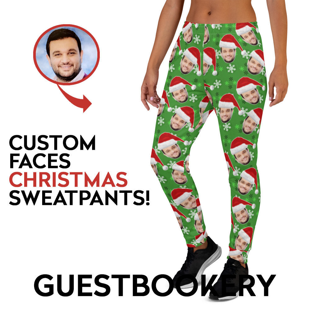 Custom Face Christmas Sweatpants - Green Snowflakes Pattern