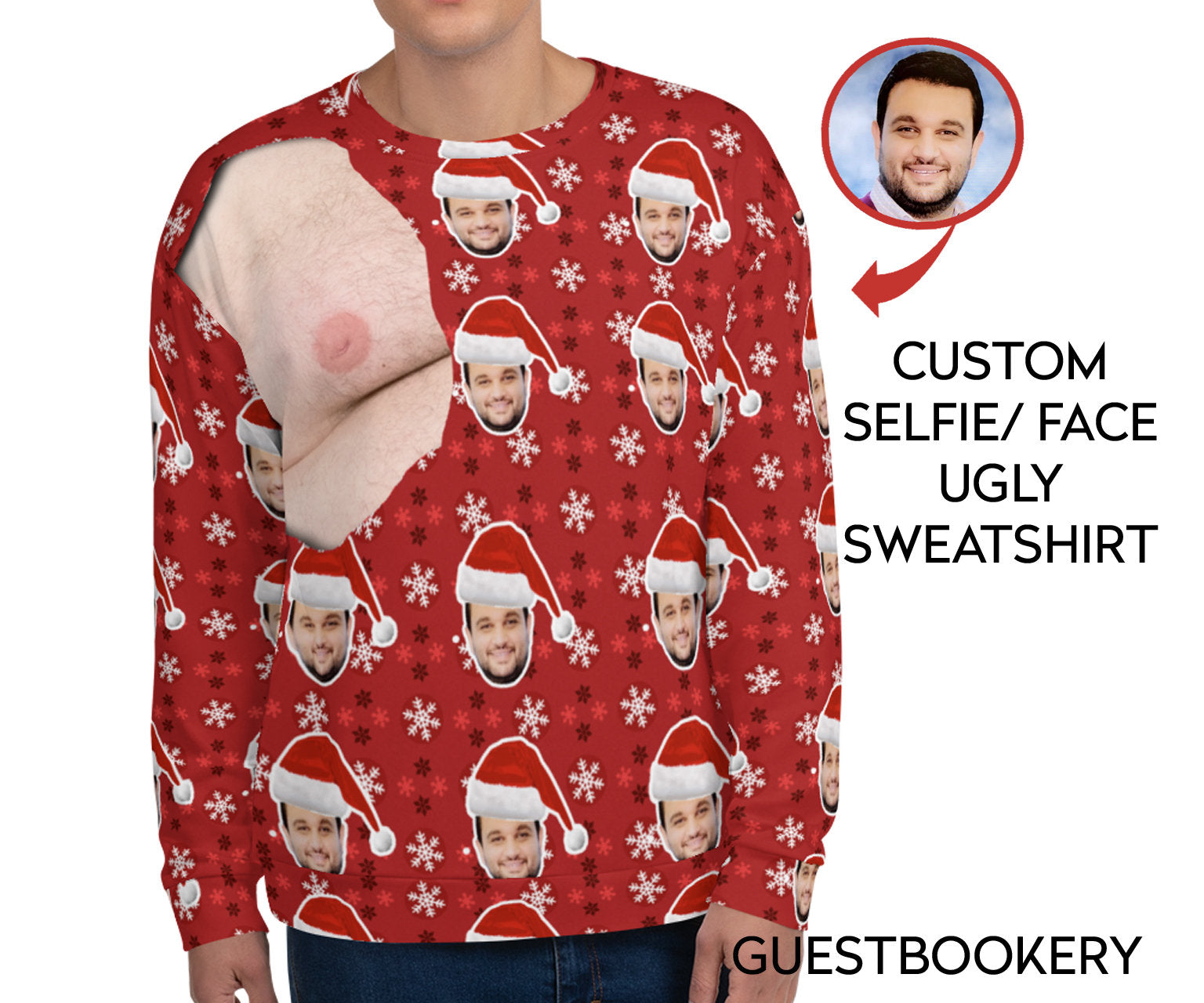 Custom Faces Hairy Chest Ugly Christmas Sweatshirt - Guestbookery