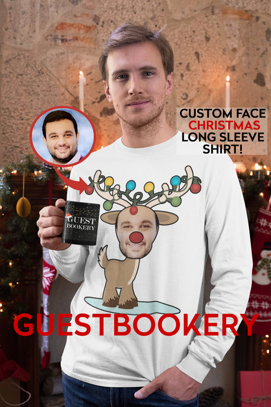 Custom Face Reindeer Ugly Christmas Long Sleeve Shirt