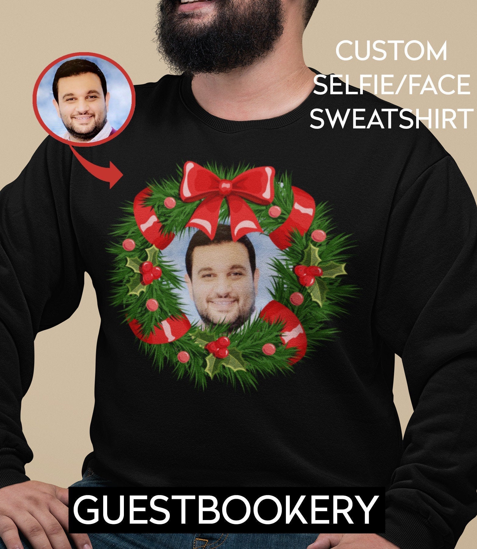 Custom Face Ugly Christmas Wreath Sweatshirt - Guestbookery