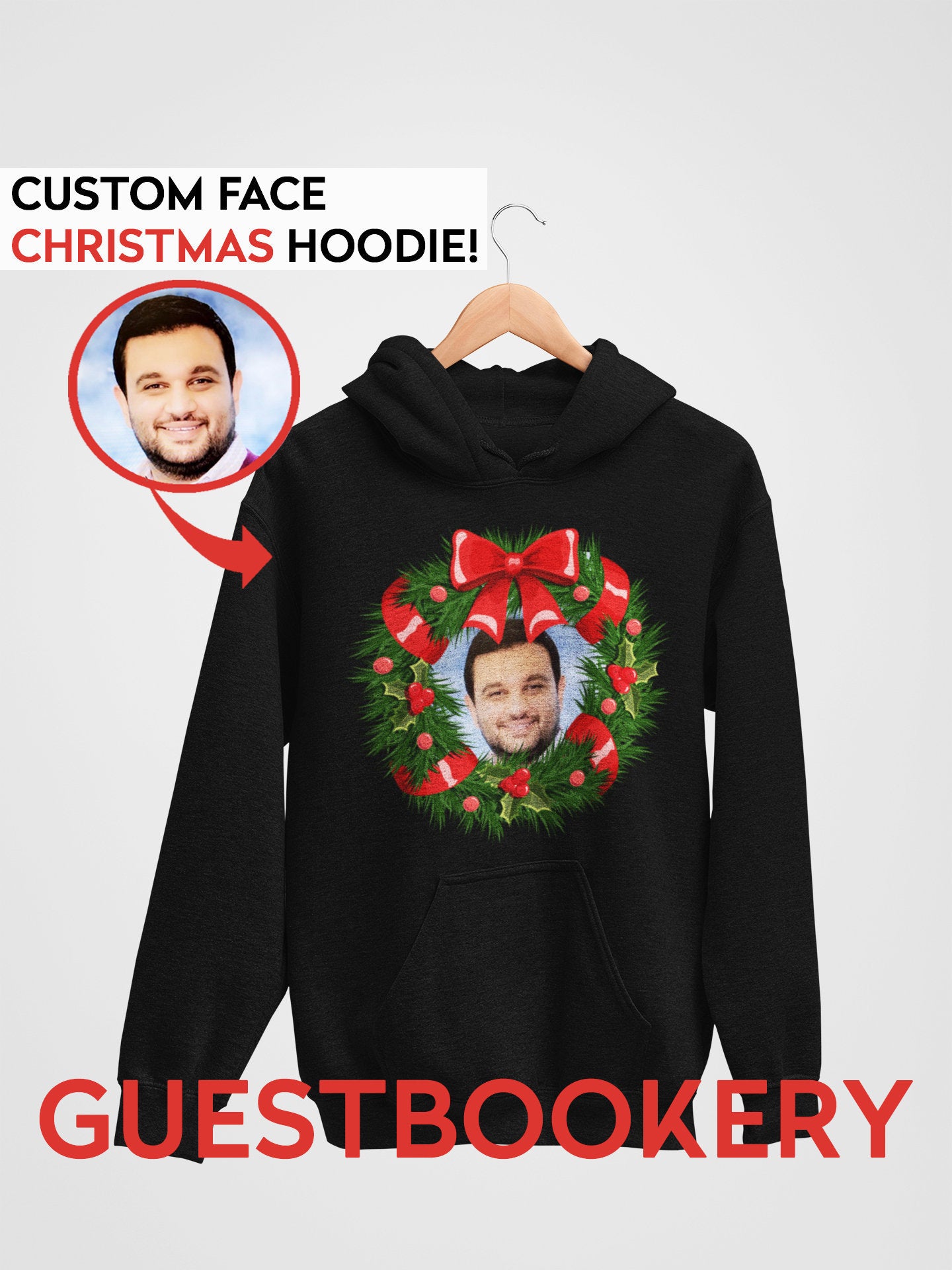 Custom Face Ugly Christmas Hoodie - Wreath - Guestbookery