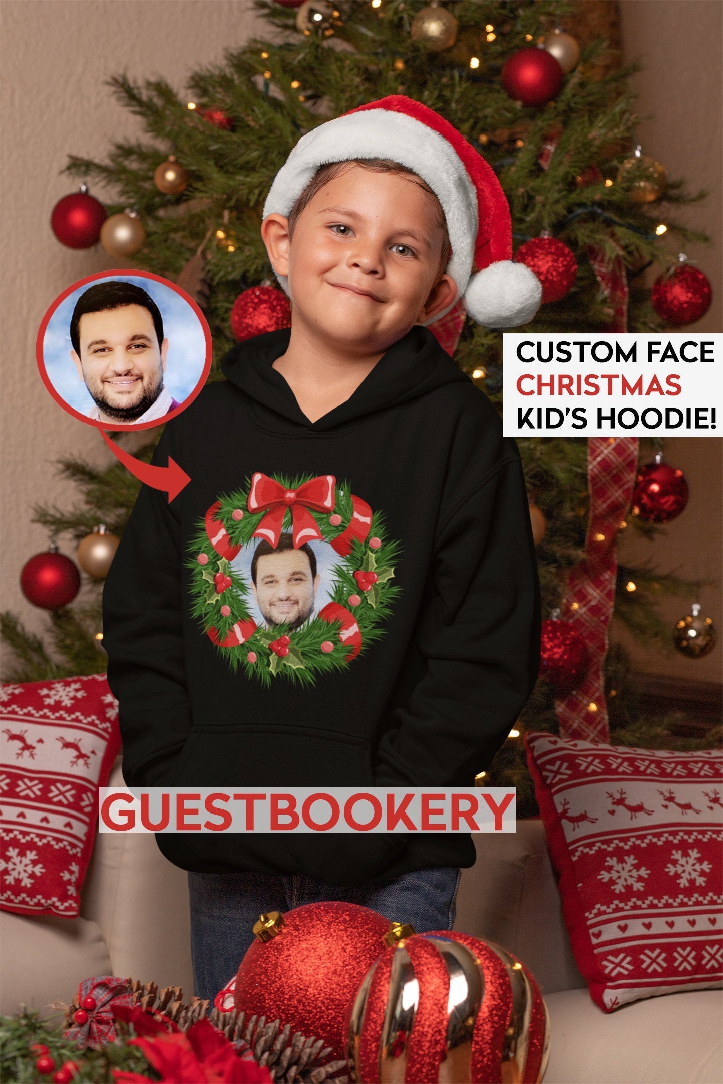 Custom Face Ugly Christmas Kid's Hoodie - Wreath