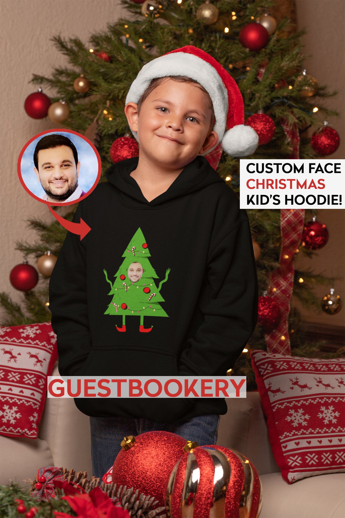Custom Face Ugly Christmas Kid's Hoodie - Christmas Tree