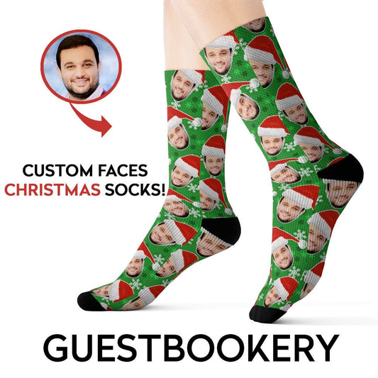 Custom Face Christmas Socks - Green Snowflakes Pattern