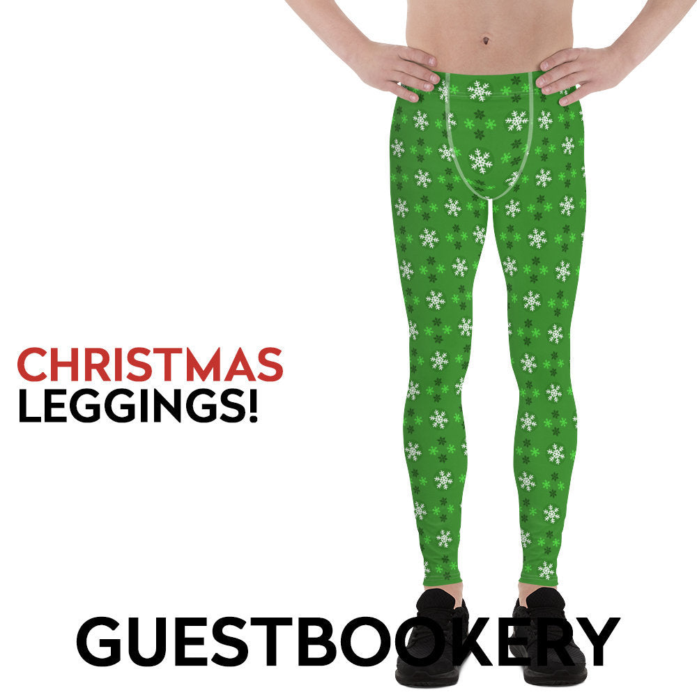 Christmas Male Leggings - Green Snowflakes Pattern
