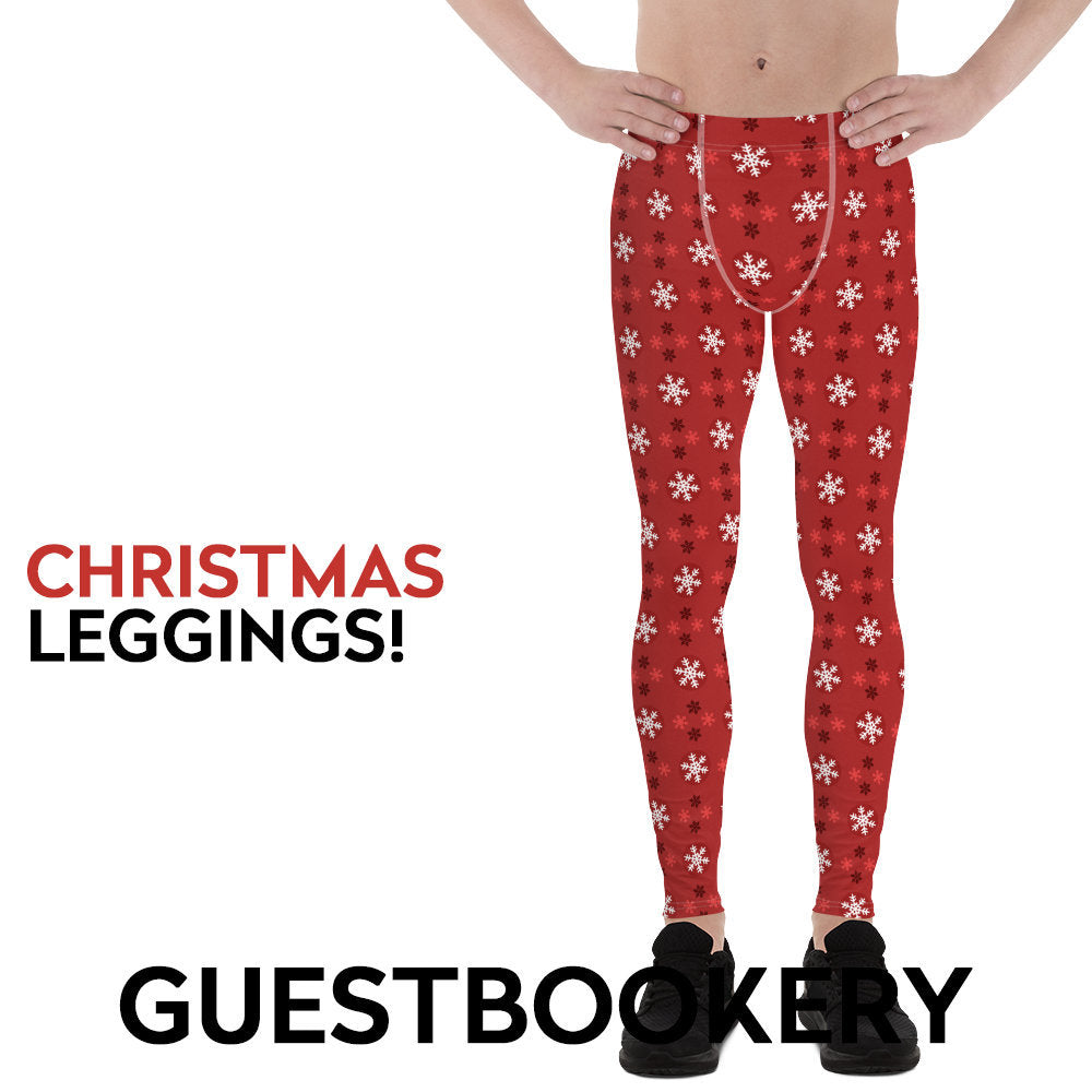 Christmas Male Leggings - Red Snowflakes Pattern