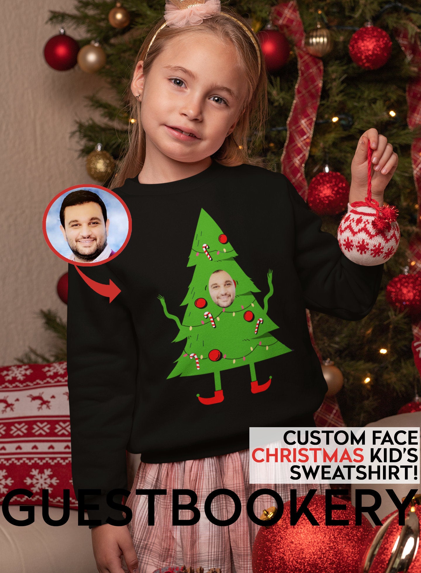 Custom Face Ugly Christmas Kid's Sweatshirt - Christmas Tree